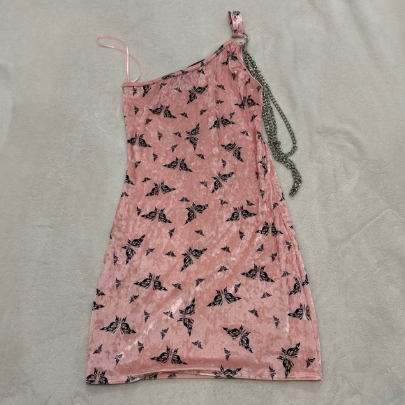 Dolls Kill Capsule One Shoulder Velour Chain Butterfly Pink Mini Dress - Picture 3 of 3